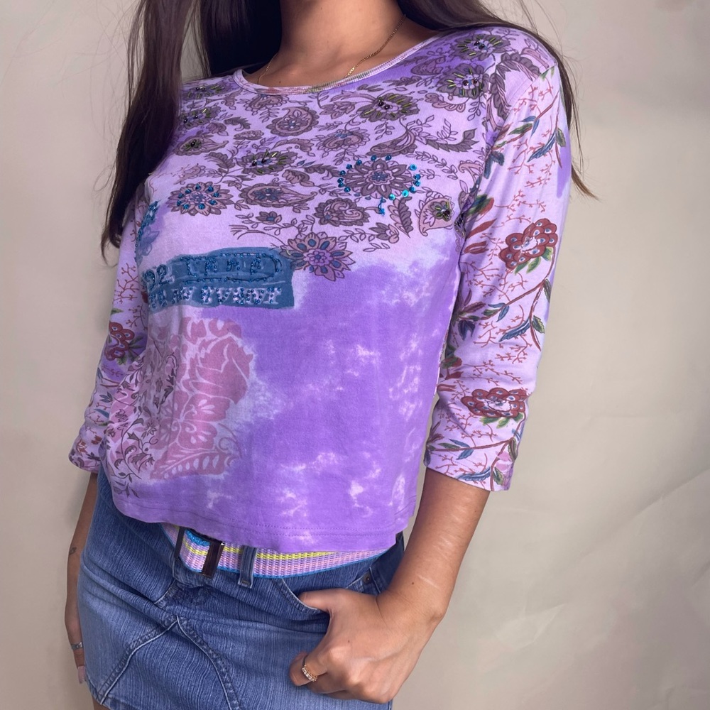 Vintage 90s Jane Ashley fairycore purple tie dye floral print paisley tee shirt